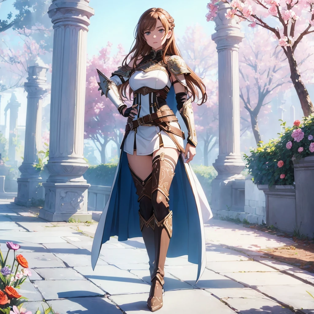 ((1girl, solo)), ((hand on hip)), standing, beautiful body, (perfect anatomy, perfect body, perfect hands, perfect legs), ((five fingers)), natural proportions, sexy body, large breasts, ((full body, full body front)) BREAK
((extremely detailed face)), (beautiful detailed eyes:1.6), (realistic pupils, realistic iris:1), expressive eyes, looking at viewer, (clear eyes:1.3), (hyperrealistic:1.2), (detailed skin texture:1.2), smooth skin, asuna yuuki, (brown hair:1.5), (brown eyes), long hair, braid, bangs, (detailed lips:1.3), (attractive lips:1.1), (glossy lips:1.1), perfect face, perfect eyes BREAK
mini dress, long sleeves, (shoulder armor:1.3), (arm guard:1.3), ((black thighhighs)), knee high boots, armored boots, thighs, zettai ryouiki, belt, cape BREAK
outdoors, day, (garden:1.5), (flower:1.3), (trees:1.3), (shade of trees:1.2), medieval BREAK
(masterpiece:1.5), anime-style, top quality, best quality, (beautiful and aesthetic:1.2), (ultra detail:1.5), Ultra-detailed depiction, Ultra-precise depiction, extremely detailed 8k illustration, high resolution, (highly detailed shading:1.2), (realistic lighting:1.4), perfect lighting, vibrant colors, dynamic tones, striking hues, 8k, absurd resolution, perfect shadows, hdr, UHD, ambient lighting, realistic, ultra-realistic, photo realistic, highly detailed, rich detail, luminous colors, fine texture, intricate design, professional illustration, (soft light:1.2), (illustration:0.7)