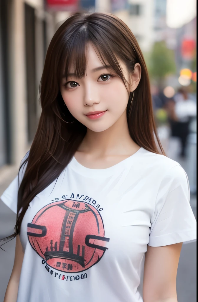 (masterpiece:1.2,Highest quality),Blur the background,One high school girl,((Tshirt)),(Big Breasts),((Sculpture Pose)),((Beautiful and beautiful eyes)),Blushed,Healthy Skin,Observe the audience,(smile),(Date in the downtown area),8K resolution
