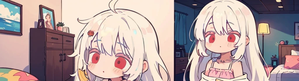 ((((1girl:1.5)))), white hair, red eyes, long hair, (collarbone:1.4), (animation style), (2d, chibi, cute, cute, small , big eyes), skin color white, think about something, background/(in the room ,modern pink girl's room, bed, Soft mood lighting), ((a single rose))