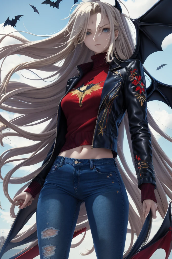 Masterpiece artwork, high qualiy, 1 girl, standing alone, long hair, (hair between the eyes), (hair fluttering in the wind), bat wings, disappointed face, (Embroidered sweater, cropped flare jeans, leather blazer)