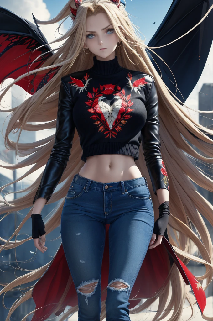 Masterpiece artwork, high qualiy, 1 girl, standing alone, long hair, (hair between the eyes), (hair fluttering in the wind), bat wings, disappointed face, (Embroidered sweater, cropped flare jeans, leather blazer)
