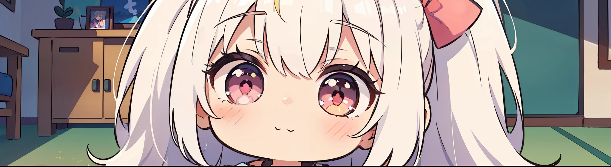 ((((1girl:1.5)))), white hair, red eyes, long hair, (collarbone:1.4), (animation style), (2d, chibi, cute, cute, small , big eyes), skin color white, think about something, background/(in the room ,modern pink girl's room, bed, Soft mood lighting), ((a single rose))