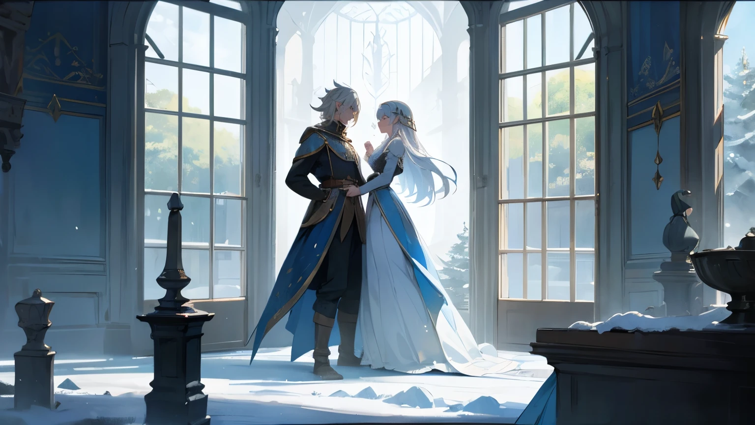 Brother and sister, elves, silver hair, Blue eyes, Aristocrats, fantasy, stone room, fantasy, Middle Ages, stately persons, outside the window there are winter expanses and dark trees, cold, romance, Nice dress