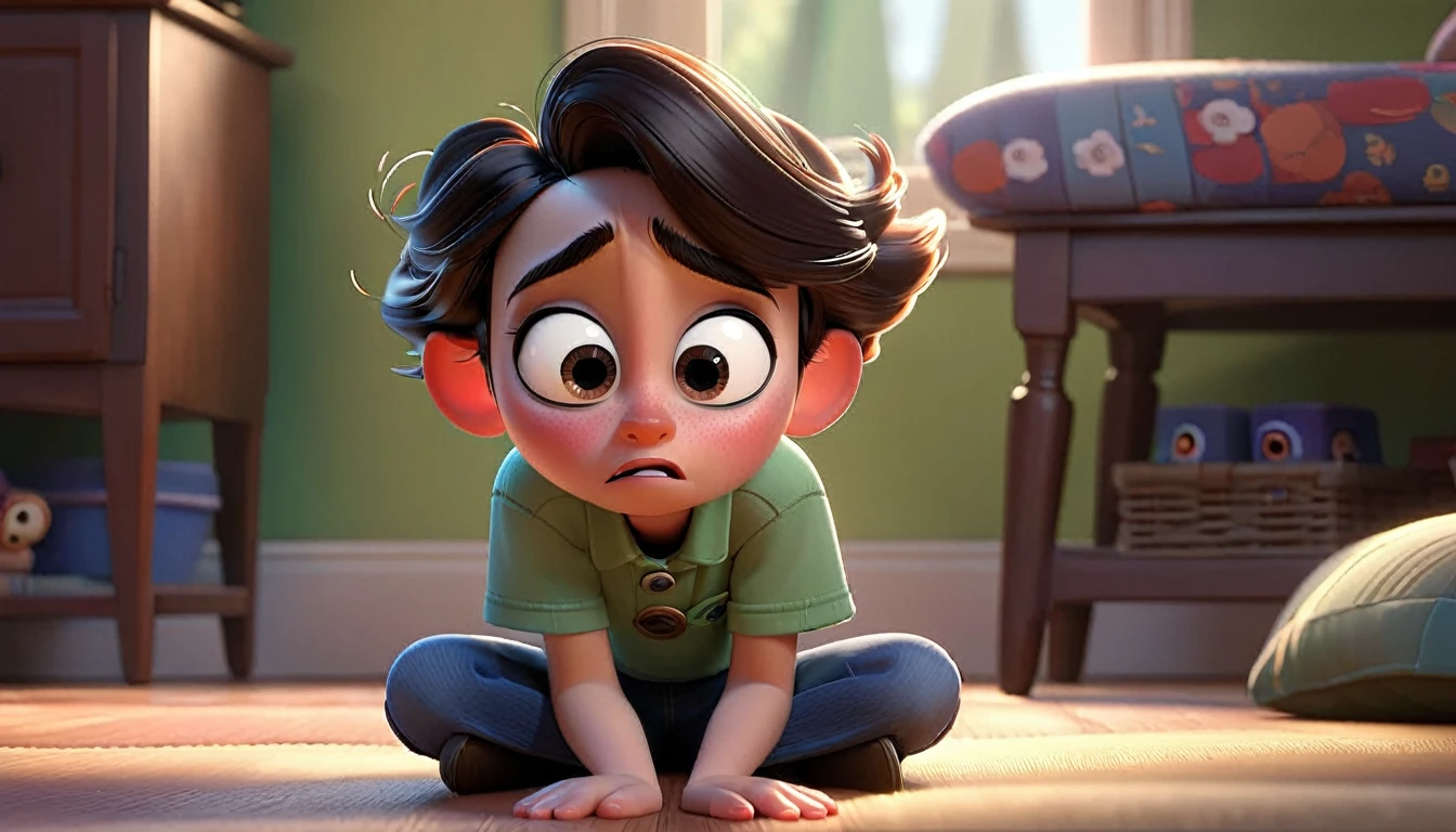 A character feeling overwhelmed and isolated, with an emotional intensity, in a Disney Pixar style."