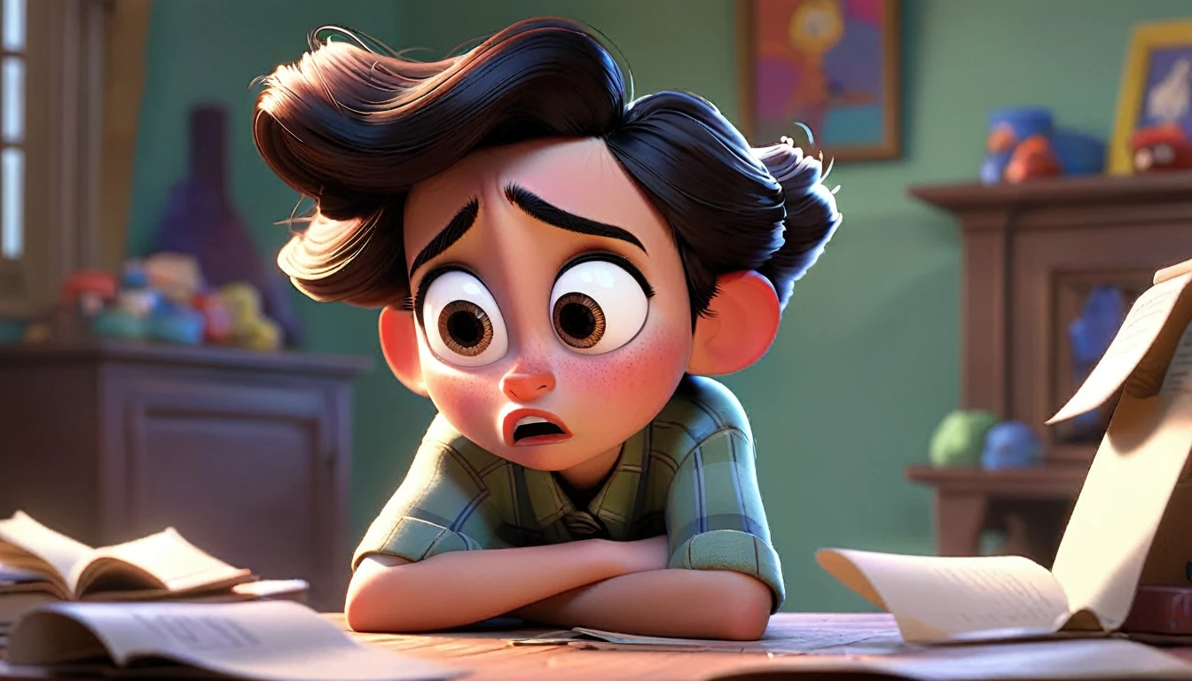 A character feeling overwhelmed and isolated, with an emotional intensity, in a Disney Pixar style."