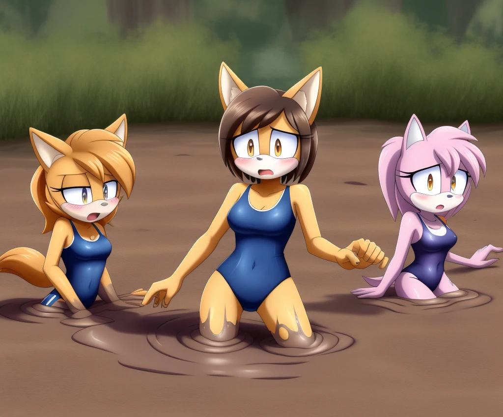 Mobian girls, best quality, HD, full body, sexy breasts, coyote girls, wolf girls, old school swimsuit, swimsuit, wet, blush, 5girls, group peril, multiple girls, 5 girls together, hair, 5girls wading, 5girls in quicksand, hair, dripping, hair, short hair, twintails, tightspace, group, multiple girls, open mouth, masterpiece, sad, one-piece swimsuit, quicksand, sinking, 5 girls in quicksand, scream