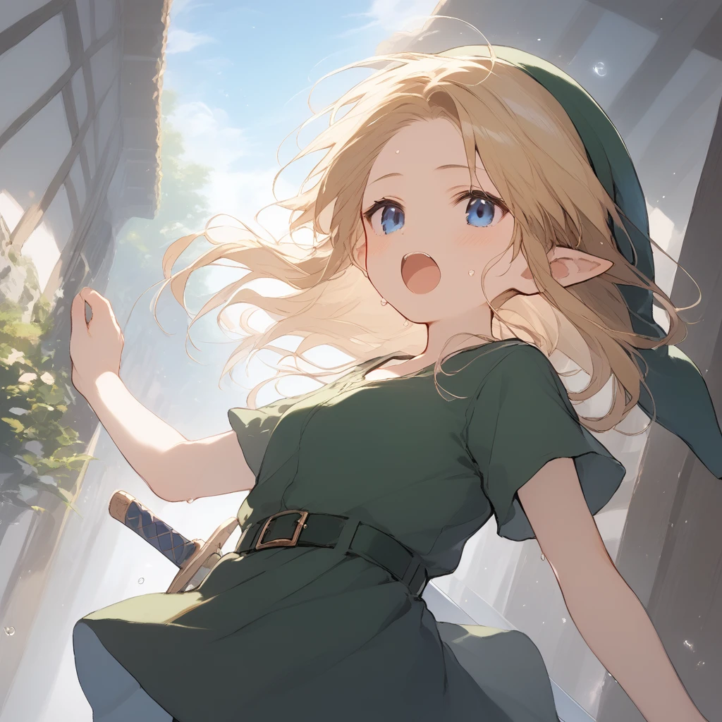 score_9, score_8_up, score_7_up, source_anime, best quality, masterpiece, official art, absurdres, highres, ultra-detailed,waifu2x,Collection: Slice of Life,break,1girl, YoungLink,13-year-old, small breasts, blonde hair, green tunic, pointy ears, hat, solo, blue eyes,green_headwear belt, sword, sweat, open mouth, (yawn:0.3), sleepily, meadow, outdoors, wind,break,(clear line illustration:1.2), super detailed skin,very high resolution, very aesthetic, Best sexual lighting powered by famous artist, 8k,cute picture,beauty illustration,photoshop_(medium),,(Detailed Lighting),best anime 8k konachan wallpaper, pixiv contest winner,
