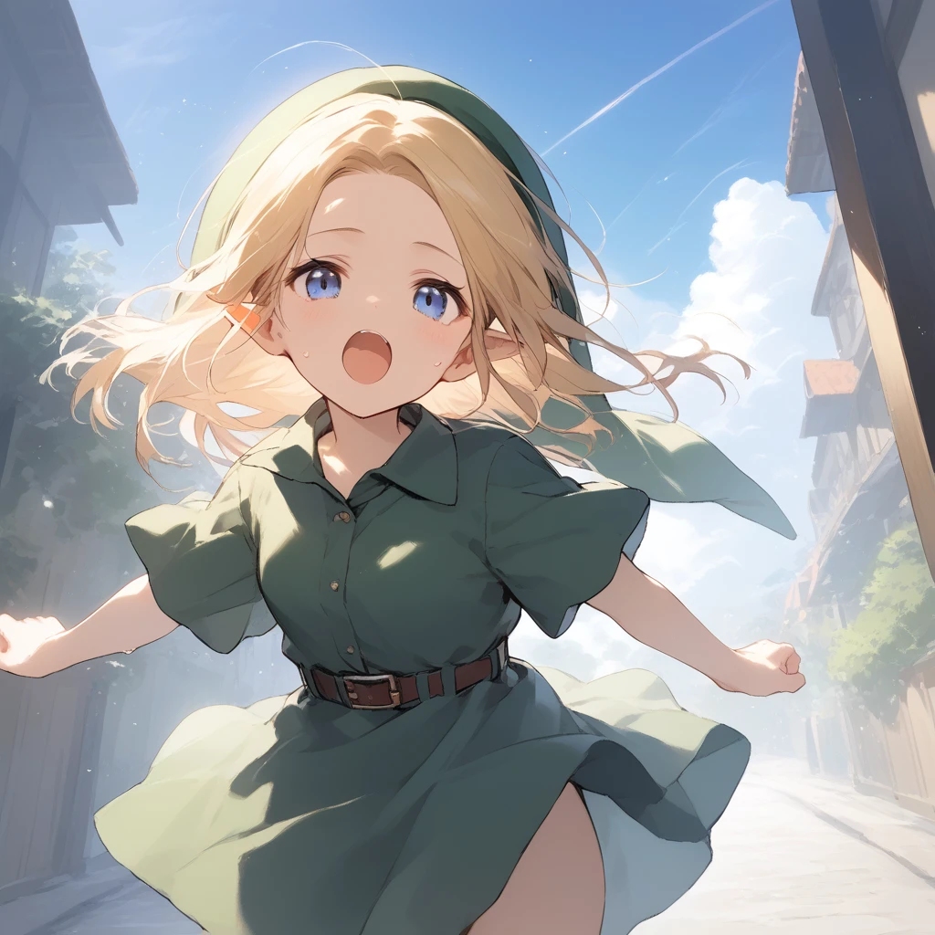 score_9, score_8_up, score_7_up, source_anime, best quality, masterpiece, official art, absurdres, highres, ultra-detailed,waifu2x,Collection: Slice of Life,break,1girl, YoungLink,13-year-old, small breasts, blonde hair, green tunic, pointy ears, hat, solo, blue eyes,green_headwear belt, sword, sweat, open mouth, (yawn:0.3), sleepily, meadow, outdoors, wind,break,(clear line illustration:1.2), super detailed skin,very high resolution, very aesthetic, Best sexual lighting powered by famous artist, 8k,cute picture,beauty illustration,photoshop_(medium),,(Detailed Lighting),best anime 8k konachan wallpaper, pixiv contest winner,