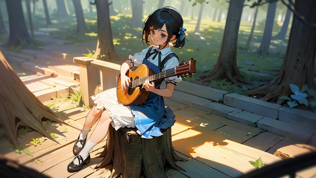 master piece, ultra detailed, hyper realistic, (Girl sitting on a stump playing classical guitar:1.4), Alice in wonderland dress, blue dress with white apron, peter pan collar, puff sleeves, knee-length skirt, white stockings, black Mary jane shoes, An infectious smile that makes everyone around feel happy, flower field, a forest with sunlight filtering through the trees, creating a spotlight like effect of dappled light, detailed lighting, intricate shadows, warm tones, highly detailed, photorealistic, A Dutch angle shot, tilted to one side for a dynamic and dramatic effect,