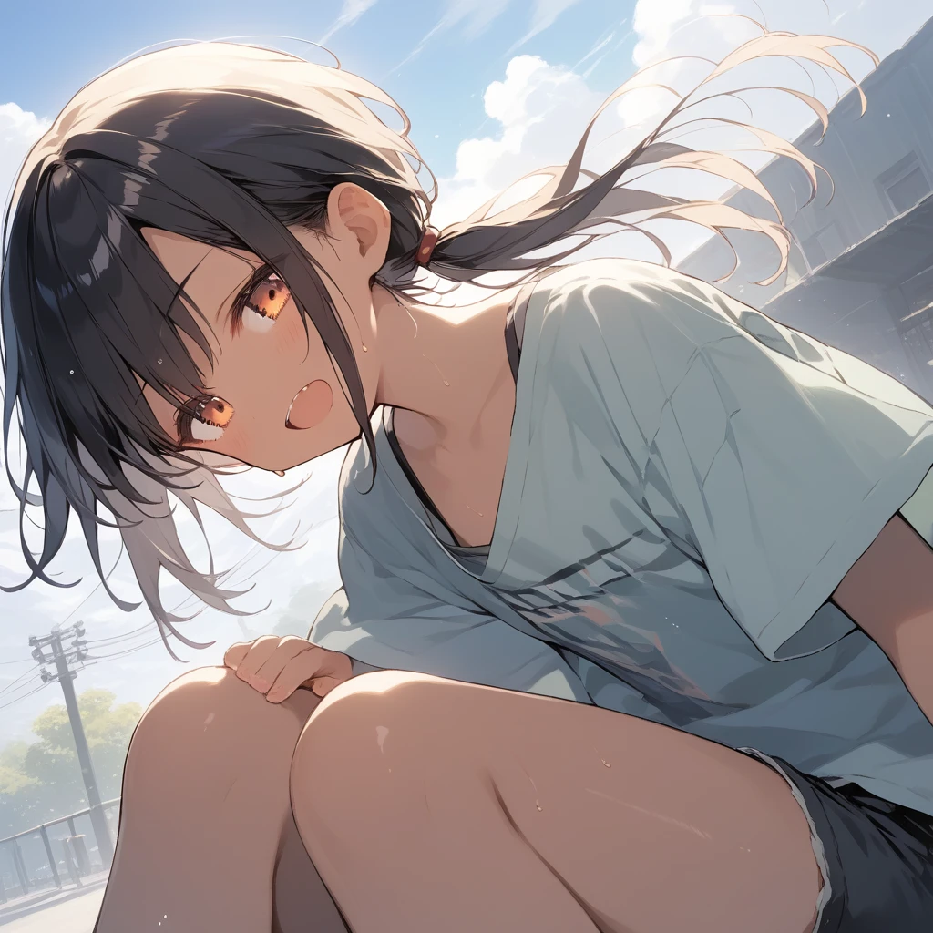 score_9, score_8_up, score_7_up, source_anime, best quality, masterpiece, official art, absurdres, highres, ultra-detailed,waifu2x,Collection: Slice of Life,break,1girl, tomboy, dark-skinned female, short hair, low ponytail, flat chest, beautiful detailed eyes, short shorts, sweat, open mouth, (yawn:0.3), sleepily, outdoors, wind,break,(clear line illustration:1.2), super detailed skin,very high resolution, very aesthetic, Best sexual lighting powered by famous artist, 8k,cute picture,beauty illustration,photoshop_(medium),,(Detailed Lighting),best anime 8k konachan wallpaper, pixiv contest winner,