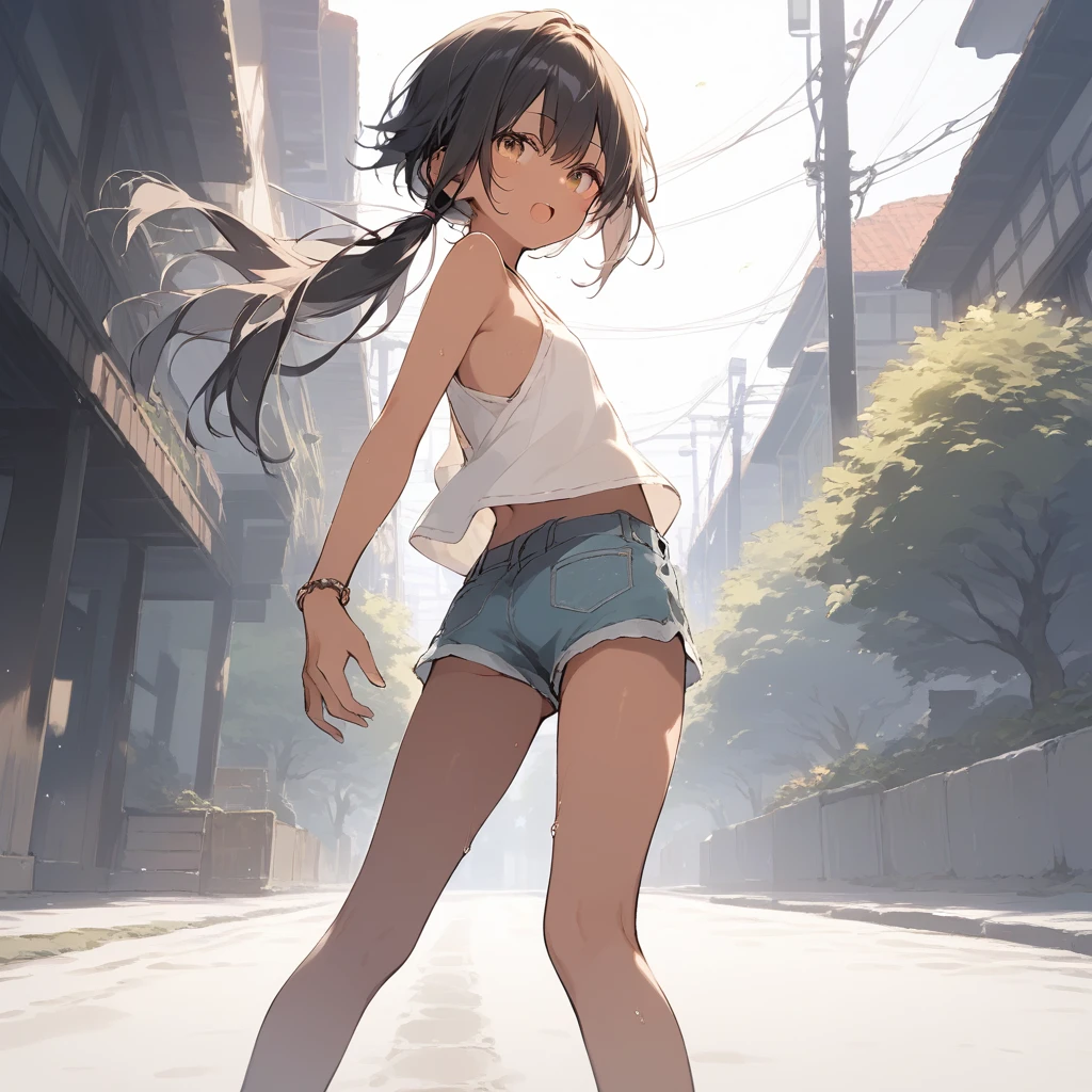 score_9, score_8_up, score_7_up, source_anime, best quality, masterpiece, official art, absurdres, highres, ultra-detailed,waifu2x,Collection: Slice of Life,break,1girl, tomboy, dark-skinned female, short hair, low ponytail, flat chest, beautiful detailed eyes, short shorts, sweat, open mouth, (yawn:0.3), sleepily, outdoors, wind,break,(clear line illustration:1.2), super detailed skin,very high resolution, very aesthetic, Best lighting powered by famous artist, 8k,cute picture,beauty illustration,photoshop_(medium),,(Detailed Lighting),best anime 8k konachan wallpaper, pixiv contest winner,