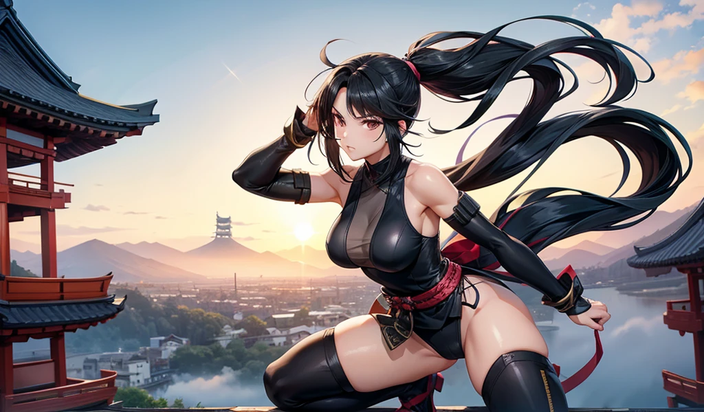 Beautiful girl with long black hair and ponytail and medium breasts，Ninja costumes，Bare arms，thigh，stand，Japanese castle roof