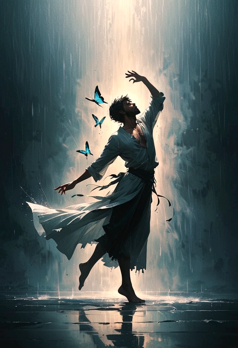 Soul Dancer Mark,A homeless man dancing alone in the rain，soul，Barefoot，Loose and worn clothes，Professional ballet movements，Fingertips 1 butterfly，Very contagious，Splash，Light and Shadow，Minimalism，artistic conception，Clean background