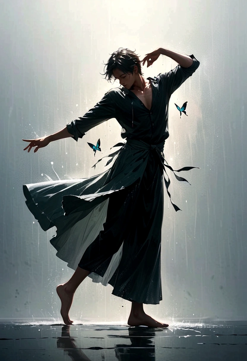 Soul Dancer Mark,A homeless man dancing alone in the rain，soul，Barefoot，Loose and worn clothes，Professional ballet movements，Fingertips 1 butterfly，Very contagious，Splash，Light and Shadow，Minimalism，artistic conception，Clean background