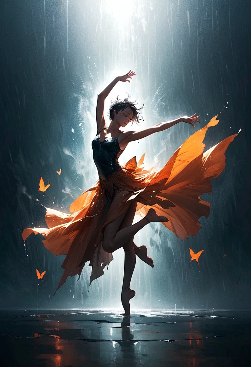 Soul Dancer Mark,A homeless man dancing alone in the rain，soul，Barefoot，Loose and worn clothes，Professional ballet movements，Fingertips 1 butterfly，Very contagious，Splash，Light and Shadow，Minimalism，artistic conception，Clean background