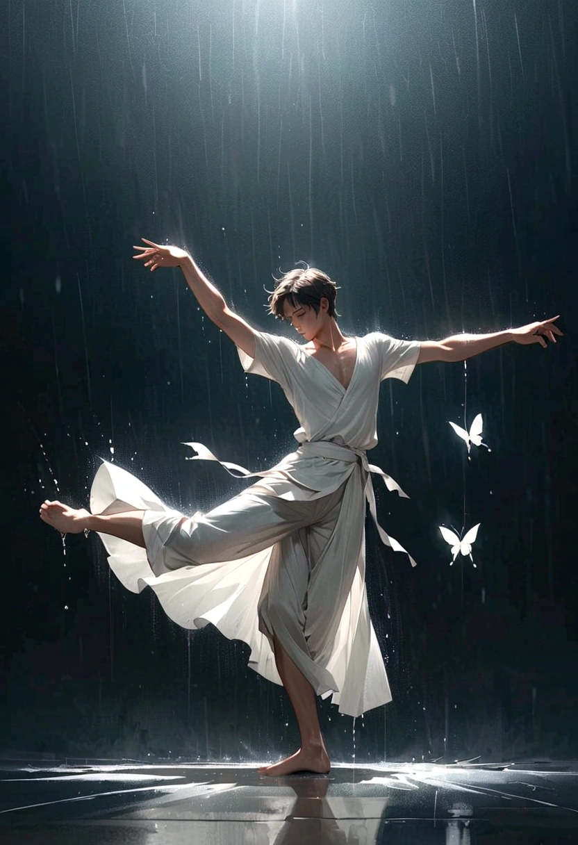 Soul Dancer Mark,A homeless man dancing alone in the rain，soul，Barefoot，Loose and worn clothes，Professional ballet movements，Fingertips 1 butterfly，Very contagious，Splash，Light and Shadow，Minimalism，artistic conception，Clean background