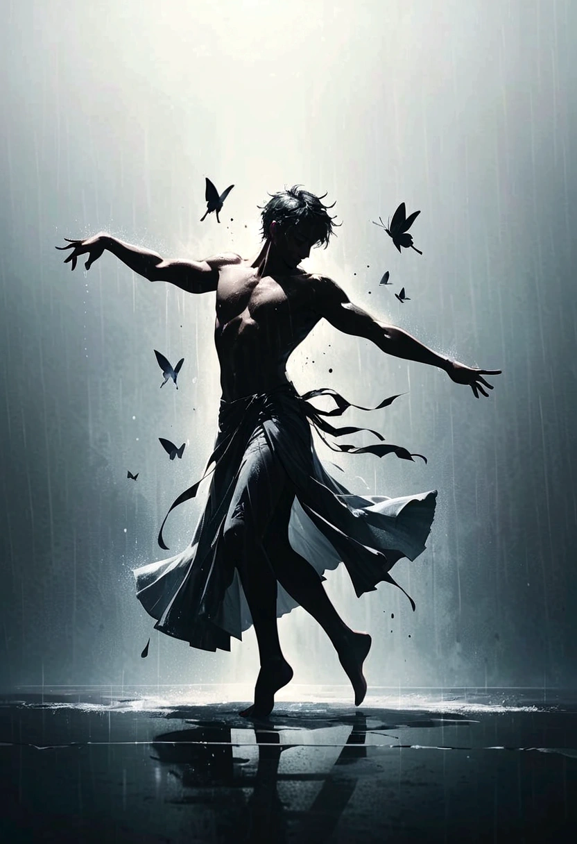 Soul Dancer Mark,A homeless man dancing alone in the rain，soul，Barefoot，Loose and worn clothes，Professional ballet movements，Fingertips 1 butterfly，Very contagious，Splash，Light and Shadow，Minimalism，artistic conception，Clean background