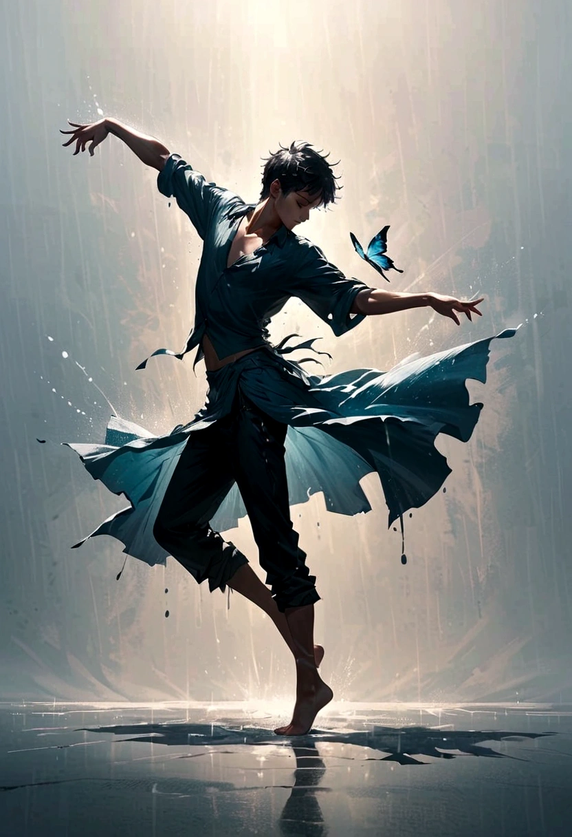 Soul Dancer Mark,A homeless man dancing alone in the rain，soul，Barefoot，Loose and worn clothes，Professional ballet movements，Fingertips 1 erfly，Very contagious，Splash，Light and Shadow，Minimalism，artistic conception，Clean background