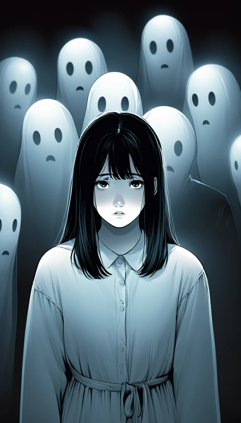A ghostly figure of a missing person appearing in front of the friends, with a look of despair and pleading eyes.