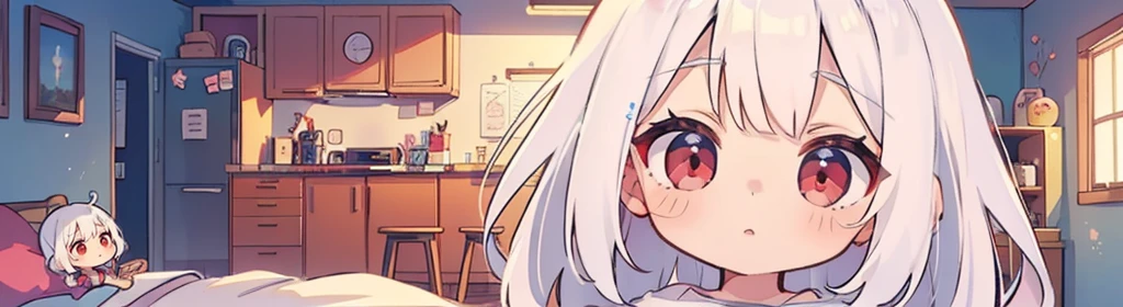 ((((1girl:1.5)))), white hair, red eyes, long hair, (collarbone:1.4), (animation style), (2d, chibi, cute, cute, small , big eyes), skin color white, think about something, background/(in the room ,modern pink girl&#39;s room, bed, Soft mood lighting), ((a single rose))