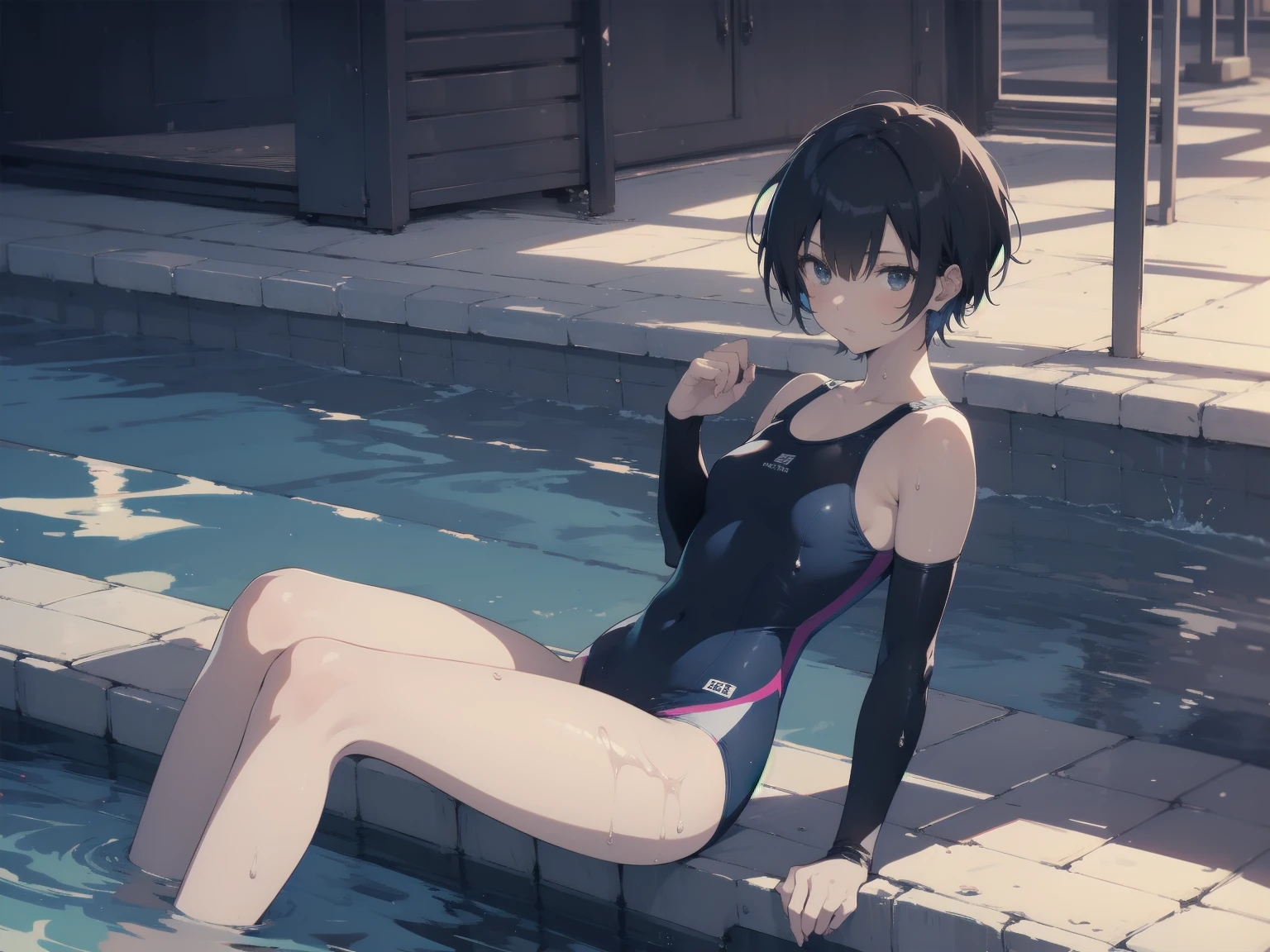 ultra-Top-quality by art God, ultra-detailed, high resolution, shinkai makoto style, anime moe artstyle, best anime 8k konachan wallpaper, pixiv contest winner, perfect anatomy, break,(Please draw a picture of a girl in a swimsuit sitting on a bench by the poolside alone.),break, a hyperrealistic school girl, parted lips, (Solo,lolita, -year-ol3),Fulimbs, complete fingers, androgynous charm, very short hair, wet hair, small breasts,slender body, Small butt, groin, Small black eyes,hanme,beautiful detailed eyes, well-proportioned iris and pupils, sleepily, highres detailed hair, swimsuit, wet swimsuit, bare shoulders, thighs,  in the school pool. break,dewy skin, perspiration on the skin,skin texture, fine lines, pores, natural imperfections,light reflections, glossy skin, shiny skin,break,super detailed skin, shiny skin, Best lighting powered by famous artist, 8k, illustration,UHD, textured skin,break,((artist:toosaka_asagi )), artist:clamp ,artist:carnelian ,artist:kantoku ,