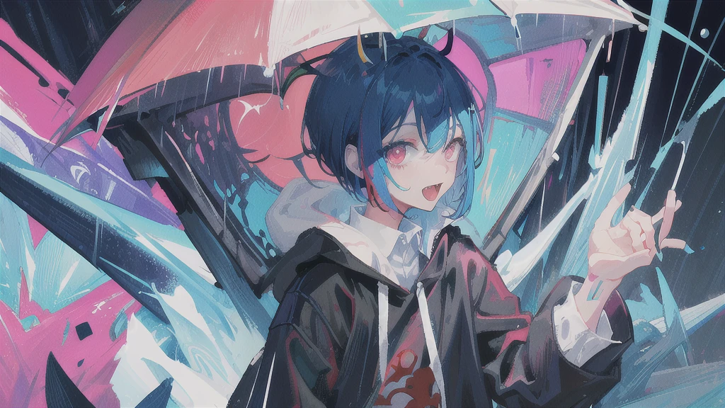 Close-up of color painting of a devil with a big mouth, penguin、penguin、Psychedelic Laughing Devil, Scary color art in 4K, rain、rain、Colorful and sinister background, Blue Hair、Short bob hairstyle、He's also wearing a black t-shirt、Black on the neckチョーカー、penguin、penguin、penguin、Psychedelic space horror, Hypercolor Digital Art, Vibrant colors、Attention to detail, Colorful explosions, Colorful horror art, Colorful Film Art, Colorful illustration, Vivid neon ink painting, Incredibly detailed color art