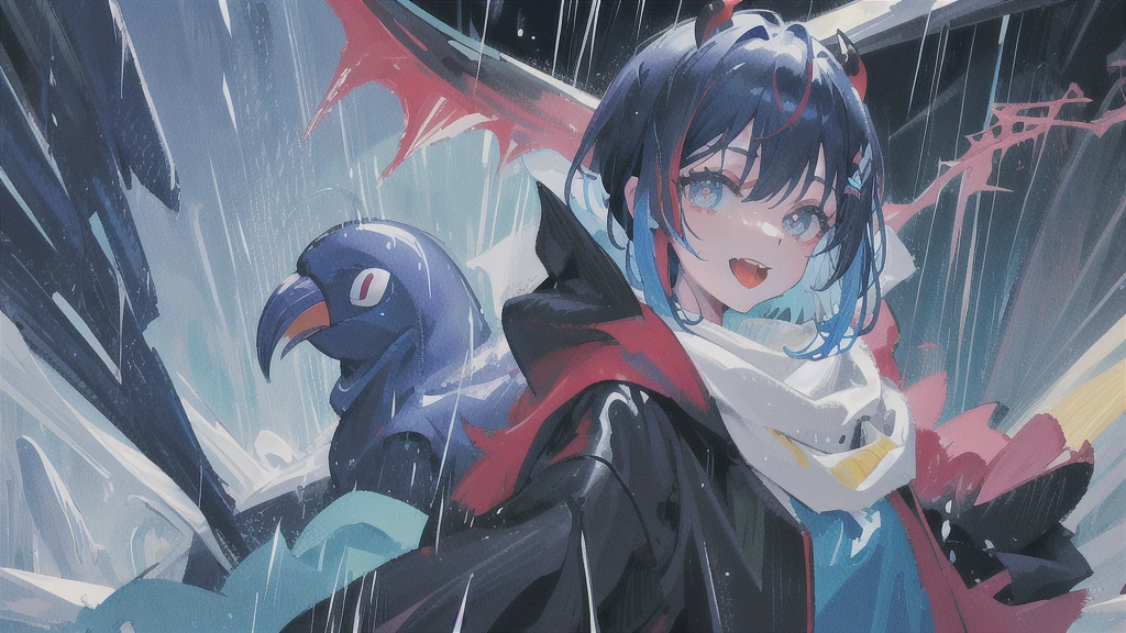 Close-up of color painting of a devil with a big mouth, penguin、penguin、Psychedelic Laughing Devil, Scary color art in 4K, rain、rain、Colorful and sinister background, Blue Hair、Short bob hairstyle、He&#39;s also wearing a black t-shirt、Black on the neckﾁｮｰｶｰ、penguin、penguin、penguin、Psychedelic space horror, Hypercolor Digital Art, Vibrant colors、Attention to detail, Colorful explosions, Colorful horror art, Colorful Film Art, Colorful illustration, Vivid neon ink painting, Incredibly detailed color art