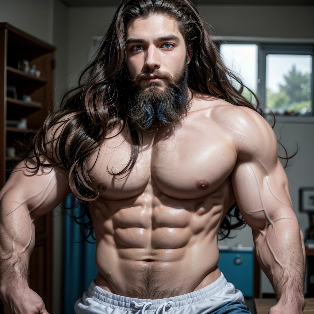 Muscle god blue eyes long hair curly hair beard