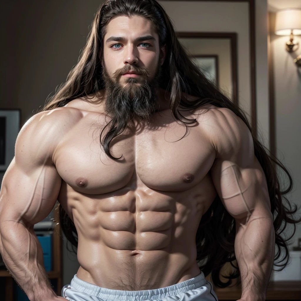 Muscle god blue eyes long hair curly hair beard