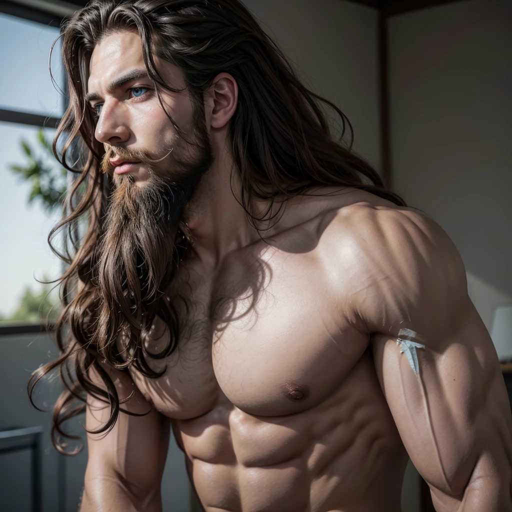 Muscle god blue eyes long hair curly hair beard