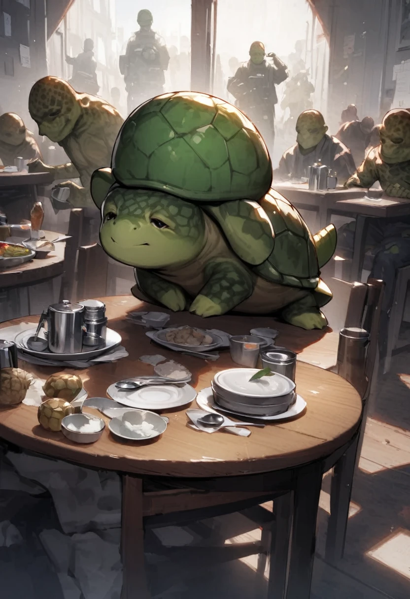 Turtle Man、学校のcanteenで、school lunch、The girl who turned into a turtle、Turtle Girl、Dynamic Angle、masterpiece、best quality、ultra-detail、Lots of turtle dishes、canteen、Sitting in a chair、Many turtles are sitting、spoon、table
