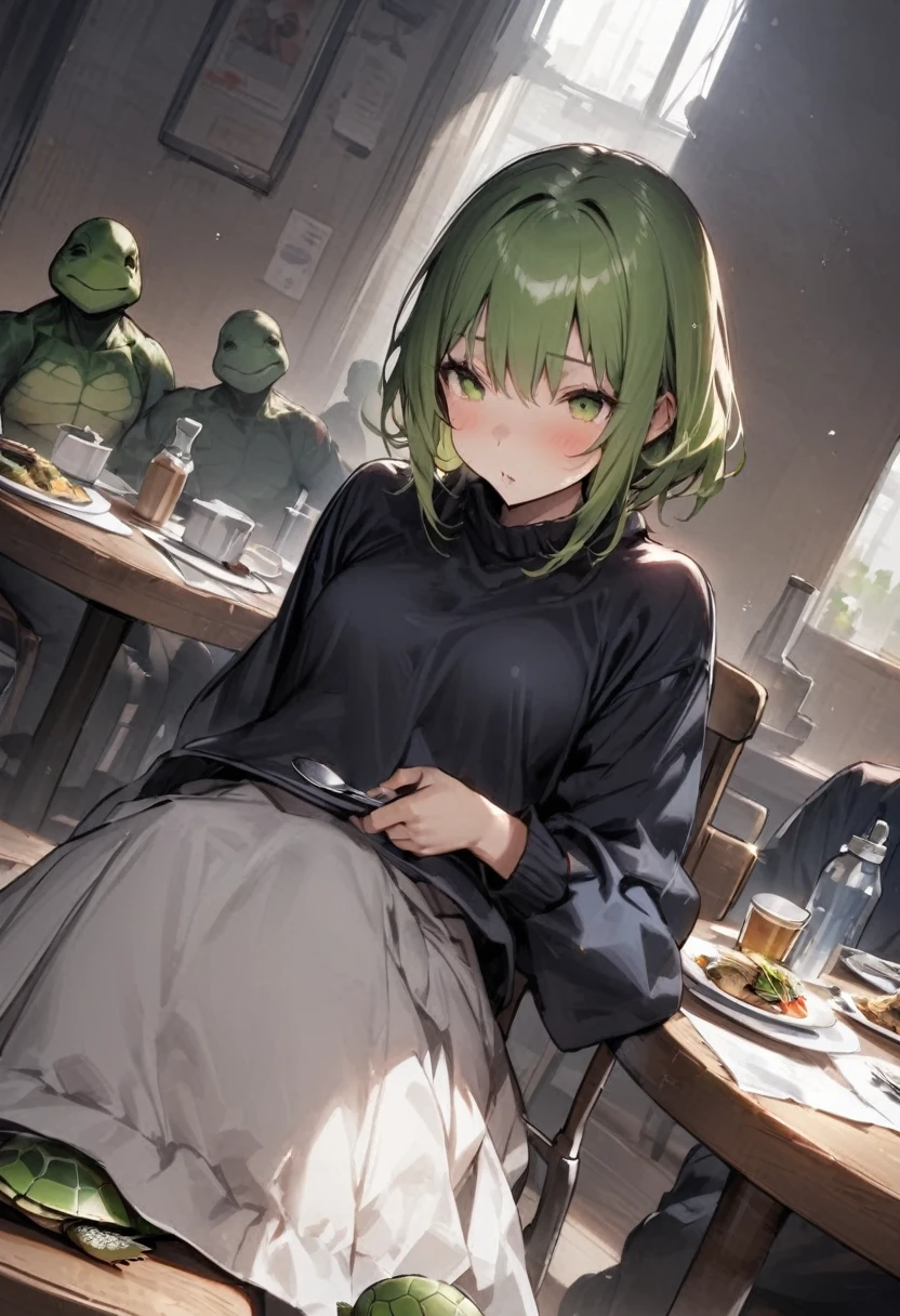 Turtle Man、学校のcanteenで、school lunch、The girl who turned into a turtle、Turtle Girl、Dynamic Angle、masterpiece、best quality、ultra-detail、Lots of turtle dishes、canteen、Sitting in a chair、Many turtles are sitting、spoon、table
