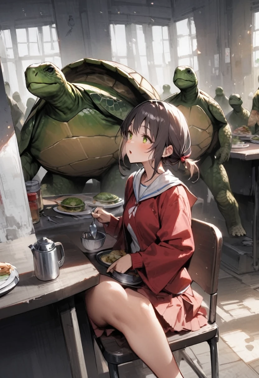 Turtle Man、学校のcanteenで、school lunch、The girl who turned into a turtle、Turtle Girl、Dynamic Angle、masterpiece、best quality、ultra-detail、Lots of turtle dishes、canteen、Sitting in a chair、Many turtles are sitting、spoon、table
