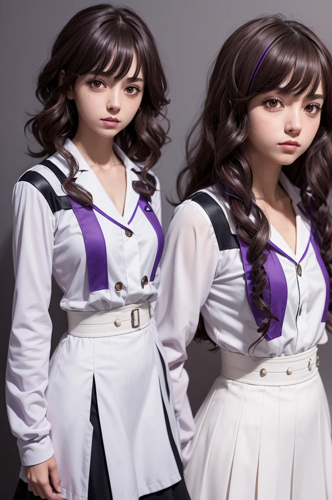 Create a character in the art style of the anime Death note, girl with medium brown curly hair, her hair has purple highlights, one brown eye and the other white, a dark blue uniform