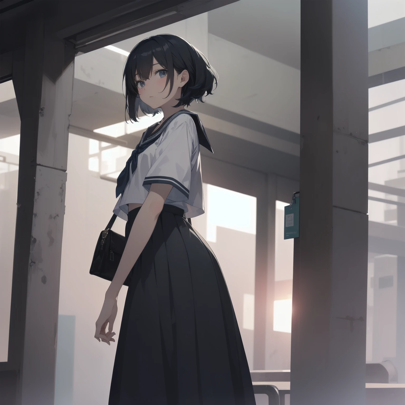 ultra-absurdres-Top quality by artist God, ultra-detailed, high resolution, anime moe artstyle, best anime 8k konachan wallpaper, pixiv contest winner, pool:2810, perfect anatomy,break, 1girl, (Please draw a girl walking sleepily to school alone. )break,(Solo,little female, 13-year-old:1.3),Full limbs, complete fingers,a junior high school student, (very short hair), short cut, flat chest, , small butt, small black eyes, beautiful detailed eyes, well-proportioned iris and pupils, expressive eyes, highres detailed hair, soft expression, salor school_uniform, sailor collar, serahuku, bow, pleated skirt,(Detailed Lighting), (Detailed background), in the School commute route. break,super detailed skin, Best cinematic lighting powered by famous artist, 8k,beauty illustration,photoshop_(medium),very aesthetic,break,((artist:hana_kazari )), artist:clamp ,artist:carnelian ,artist:kantoku ,