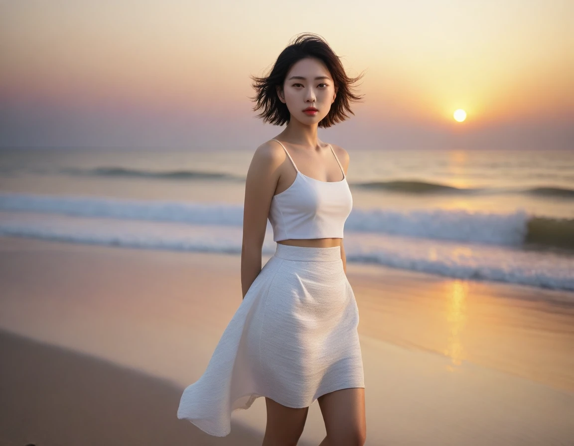 8k realistic, lifelike photo, Realistic appearance of nature, , Woman standing on the beach at sunset. Viewed from a distance with a wide-angle lens , Front view of Asian woman wearing white light skirt, burning sunset light, 1 woman, Short in stature, Short medium hair slightly blowing in the wind, look at the camera, Soak your feet in the water with the waves rolling in