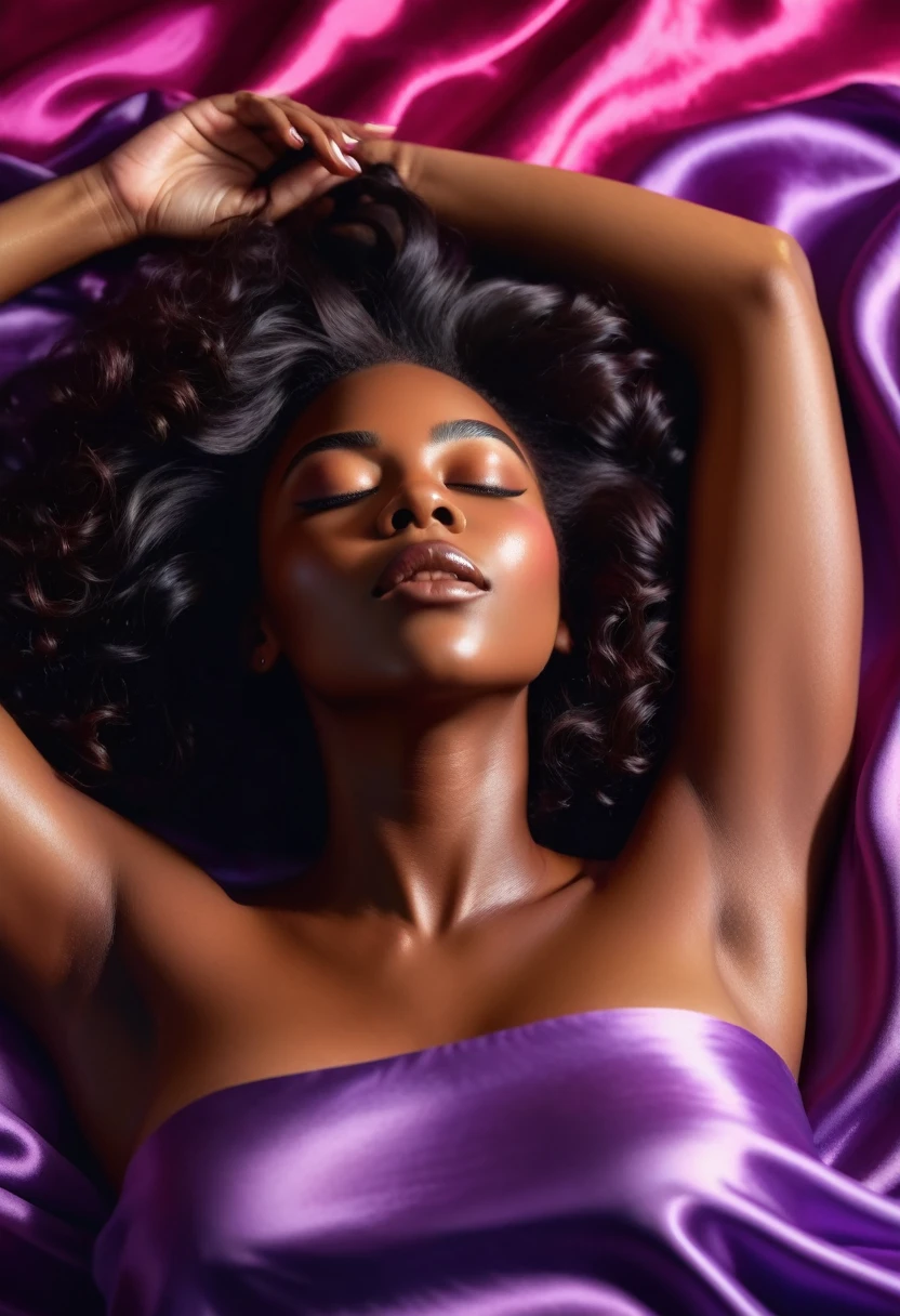 A tantalizing glimpse of a black woman lying on silk sheets, her eyes closed in ecstatic pleasure as she indulges in a moment of self-care. 8K, hyper realism, swirly vibrant colors, clear and sharp image