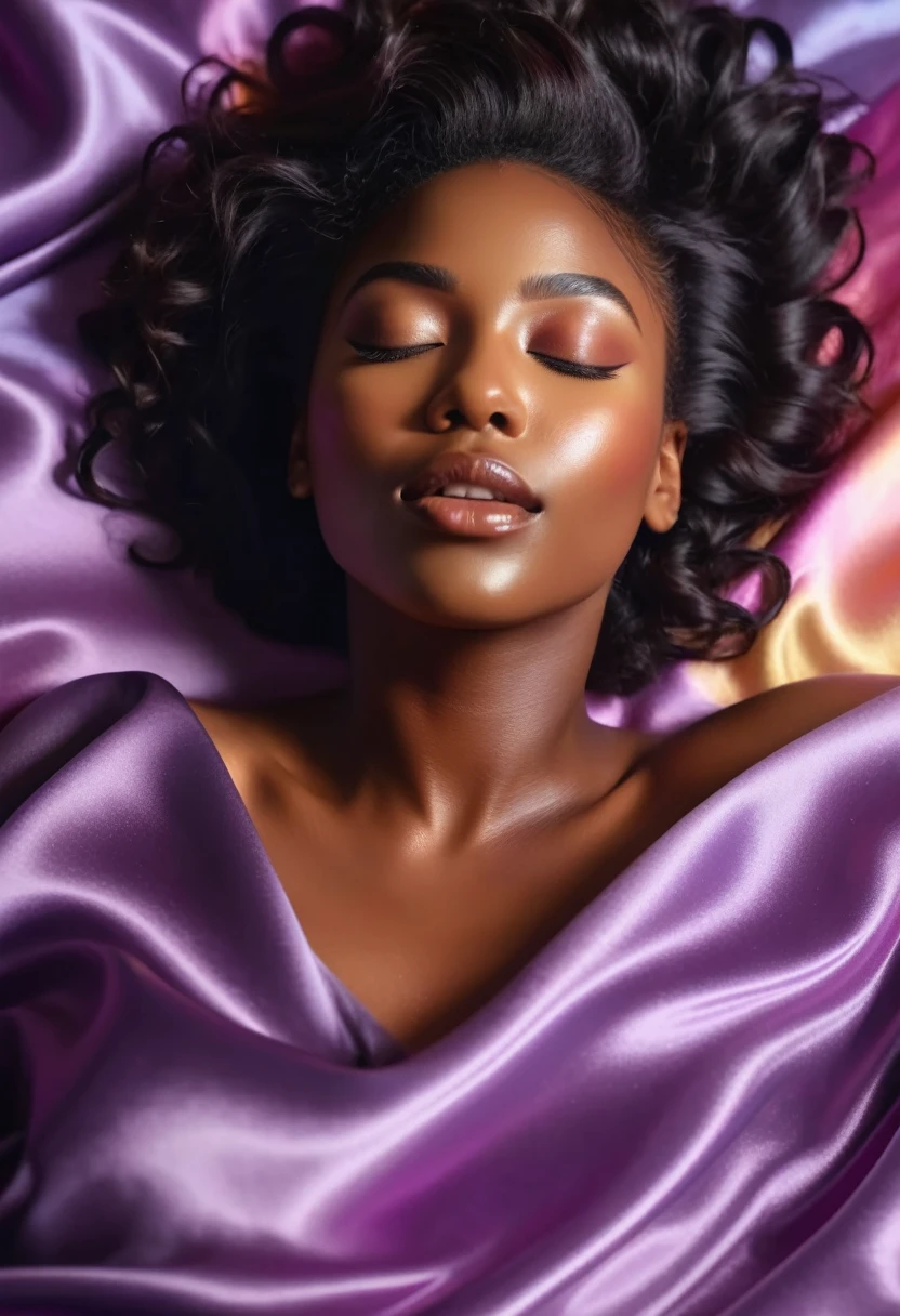 A tantalizing glimpse of a black woman lying on silk sheets, her eyes closed in ecstatic pleasure as she indulges in a moment of self-care. 8K, hyper realism, swirly vibrant colors, clear and sharp image