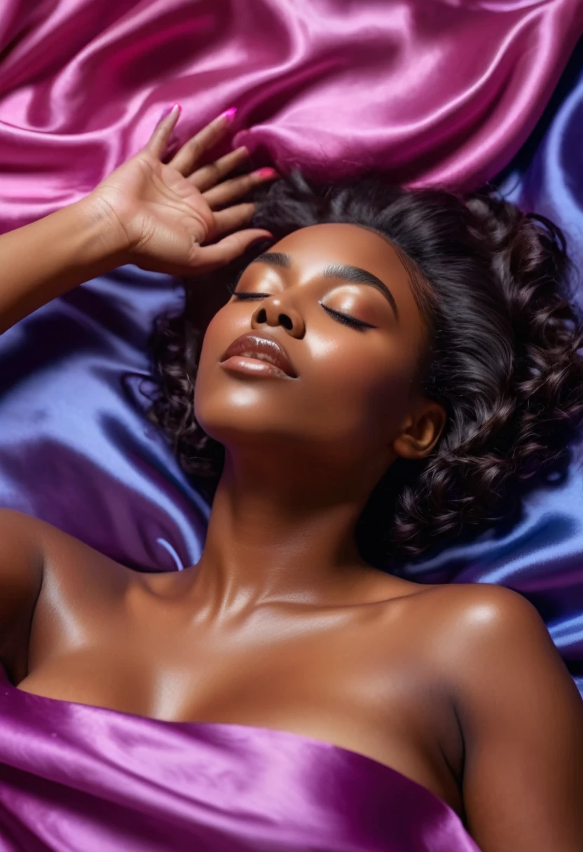 A tantalizing glimpse of a black woman lying on silk sheets, her eyes closed in ecstatic pleasure as she indulges in a moment of self-care. 8K, hyper realism, swirly vibrant colors, clear and sharp image