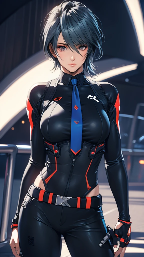 1 Female, Tamaki, short hair, hair between eyes, (detailed eyes:1.3), Business shirts, tie, tight suit trousers, Leather Holster, fingerless gloves