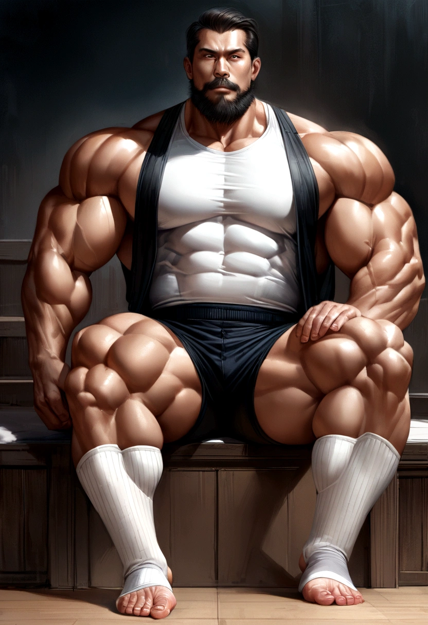 Asian man fitness wear full vest , Big Muscle, Height 180 cm, Big shoulders, Big Muscle foot, (Draw the details of the eyes), (realistic)，beard