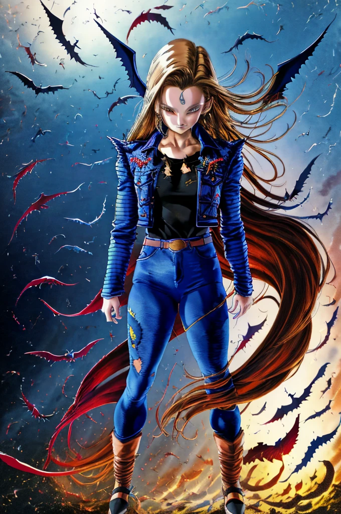 Masterpiece artwork, high qualiy, 1 girl, standing alone, long hair, (hair between the eyes), (hair fluttering in the wind), bat wings, disappointed face, (Embroidered sweater, cropped flare jeans, leather blazer)