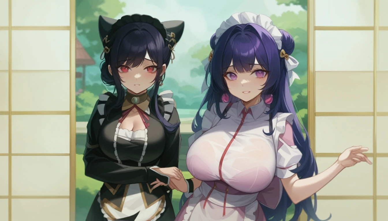 (Maid:1.5),(highest quality,Super detailed,High resolution:1.2),Purple hair girl painting、Glass mandarin orange earrings decorate both ears、One of them has ocean pink purple eyes、One of them has ocean pink red eyes、One has short red hair、Beautiful girl with a perfect face,Two girls、One of them is wearing a crab hat、One of them is wearing a tangerine hat.、very_Long eyelashes, Detailed lips, A radiant smile, Holding hands、Soft Skin, Shiny Hair,Vibrant Background, Natural light,The cutest girl in the world,Exquisite makeup,Pouting、((Hugging on a cushion))、Sit down, long hair、Bun hairstyle Beautiful, translucent white skin、Wet purple dress、Pink underwear is visible、Pink bra is visible through、Pink pants show through、quality\(8K,Highly detailed CG unit wallpaper, masterpiece,High resolution,top-quality,top-quality real texture skin,Super two-dimensional,Increase the resolution,RAW Photos,highest quality,Very detailed,wallpaper,Ray-tracing,Golden Ratio\),[Browsing Caution]