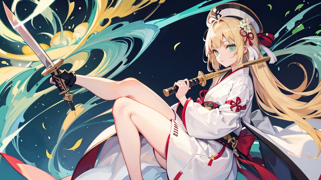 One Girl　Green eyes　Japanese Clothing　Blonde　Young people　Holding a sword