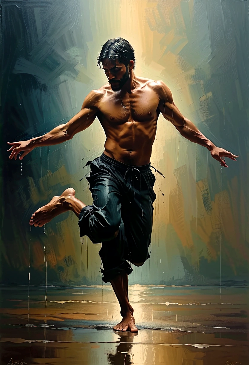 Soul Dancer Mark,heavy rain,A homeless man dancing alone in the rain,soul,Barefoot,Loose and worn clothes,Professional ballet movements,Leg lift,Very contagious,Splash,Light and Shadow,Minimalism,artistic conception,Clean background