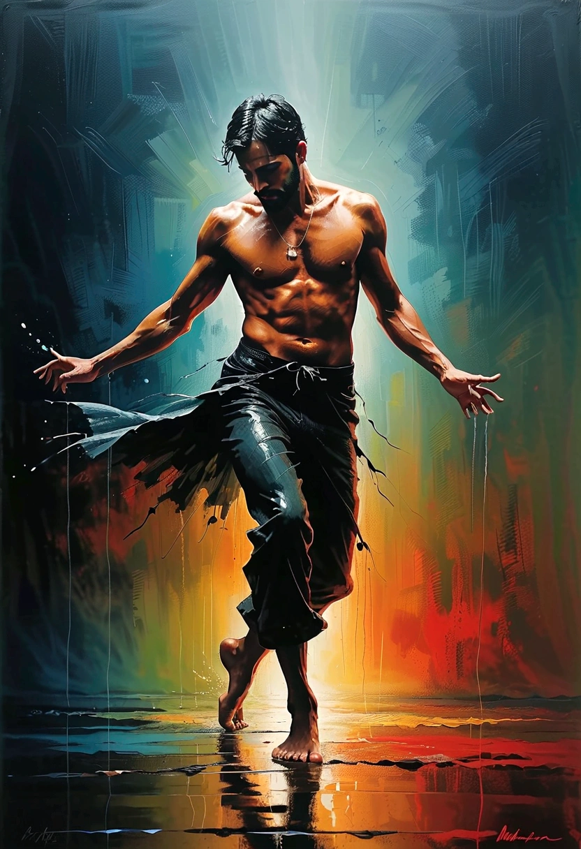 Soul Dancer Mark,heavy rain,A homeless man dancing alone in the rain,soul,Barefoot,Loose and worn clothes,Professional ballet movements,Leg lift,Very contagious,Splash,Light and Shadow,Minimalism,artistic conception,Clean background