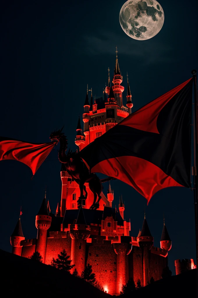 Castle at night with 2 flags on each side representing a black dragon on a red background