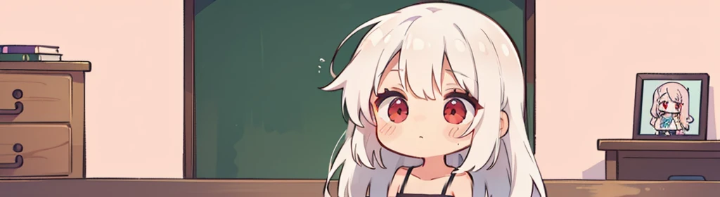 ((((1girl:1.5)))), white hair, red eyes, long hair, (collarbone:1.4), (animation style), (2d, chibi, cute, cute, small , big eyes), skin color white, think about something, background/(in the room ,modern pink girl&#39;s room, bed, Soft mood lighting), ((a single rose))