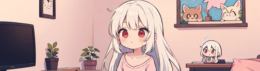 ((((1girl:1.5)))), white hair, red eyes, long hair, (collarbone:1.4), (animation style), (2d, chibi, cute, cute, small , big eyes), skin color white, think about something, background/(in the room ,modern pink girl&#39;s room, bed, Soft mood lighting), ((a single rose))