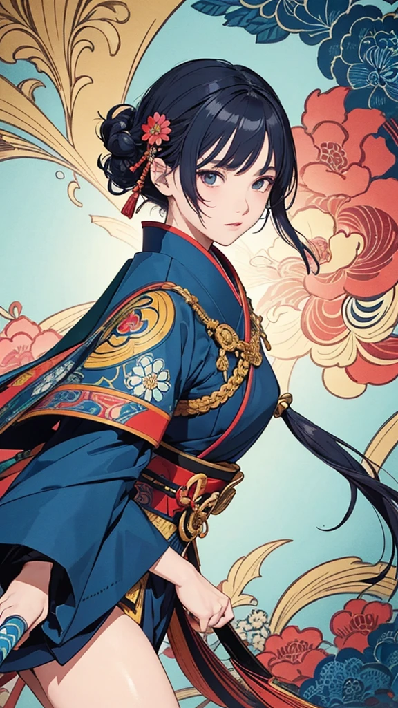 flat color, ukiyoe-style, (best quality, masterpiece, ultra high-resolution, ultra-detailed: 1.2), A vibrant and colorful illustration of an anime-style female samurai character with deep blue wavy-short hair, tween, holding her sword in front of her face. She is wearing traditional Japanese adorned with floral patterns, a backdrop filled with colorful patterns representing ancient symbols and floral motifs. The background is richly detailed with geometric shapes that add depth to their figure's presence, creating a whimsical atmosphere. The background features bold colors and intricate designs that add to the overall visual appeal. This artwork showcases vivid hues, intricate details on both attire and armor, capturing movement as she walks forward in the style of intricate details on both attire and armor, capturing movement as she walks forward.